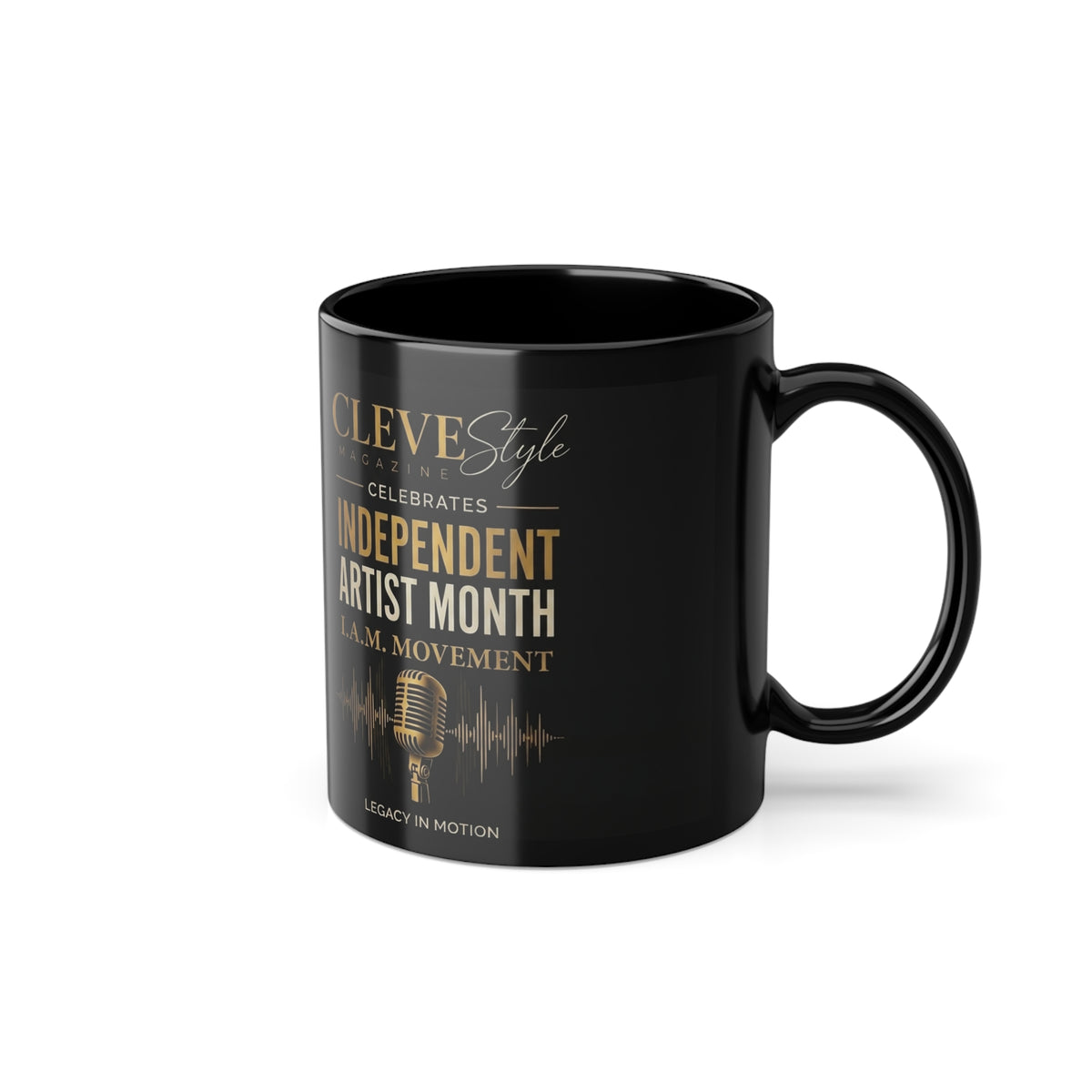Black 11oz Coffee Mug — "Independent Artist Month" Gold Script Microphone Design