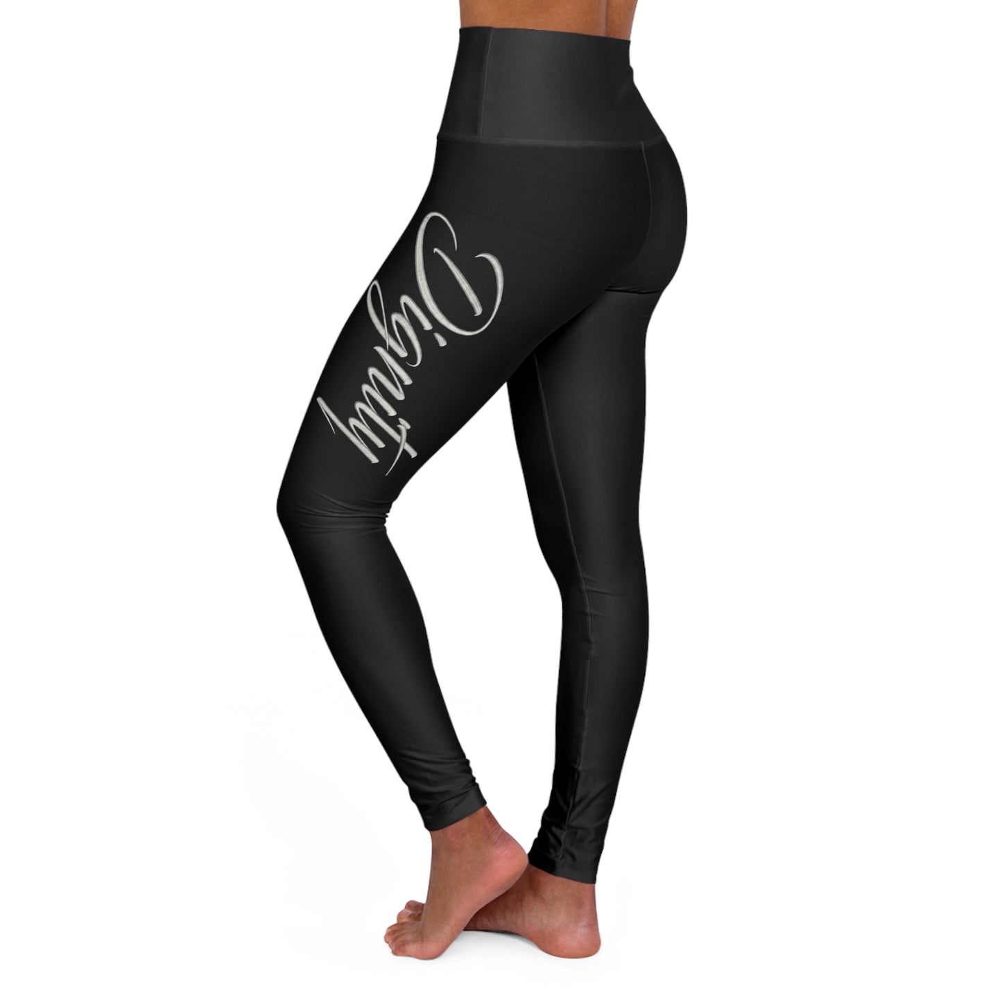 High-Waist Yoga Leggings — Sleek Black Script Design