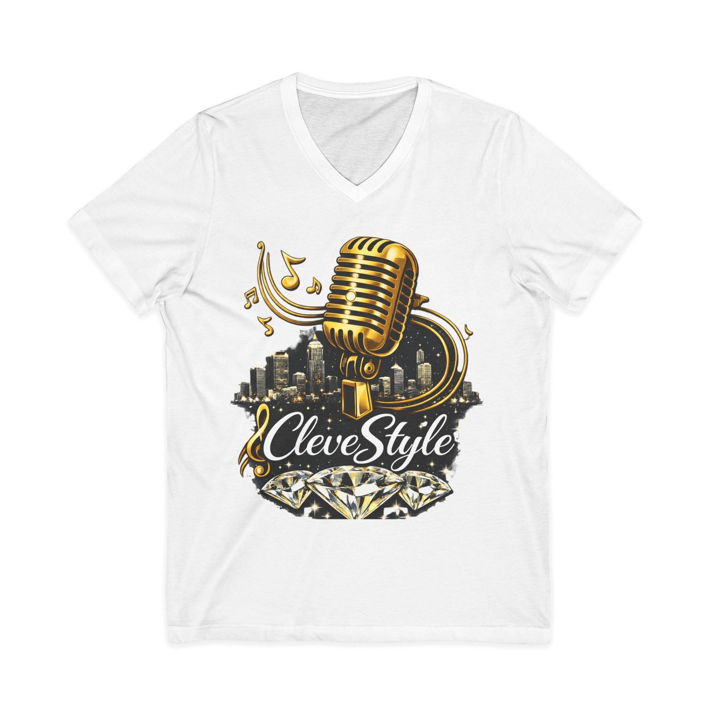 Cleveland Music Microphone V‑Neck Tee — "CleveStyle" Vintage Mic Design