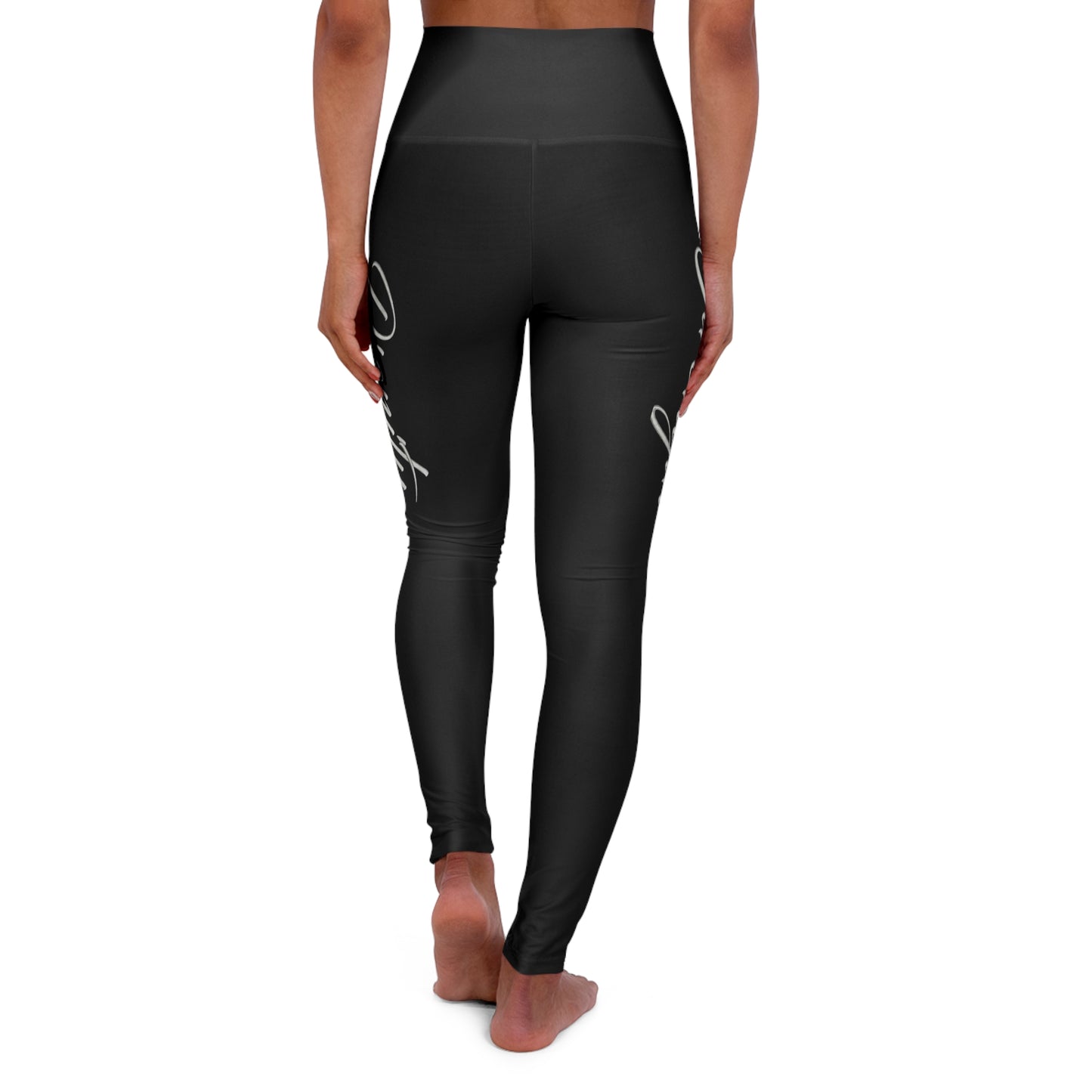 High-Waist Yoga Leggings — Sleek Black Script Design