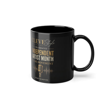 Black 11oz Coffee Mug — "Independent Artist Month" Gold Script Microphone Design
