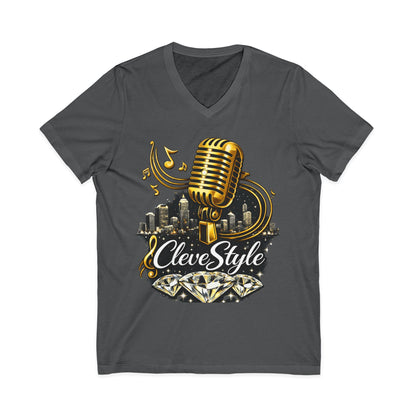 Cleveland Music Microphone V‑Neck Tee — "CleveStyle" Vintage Mic Design