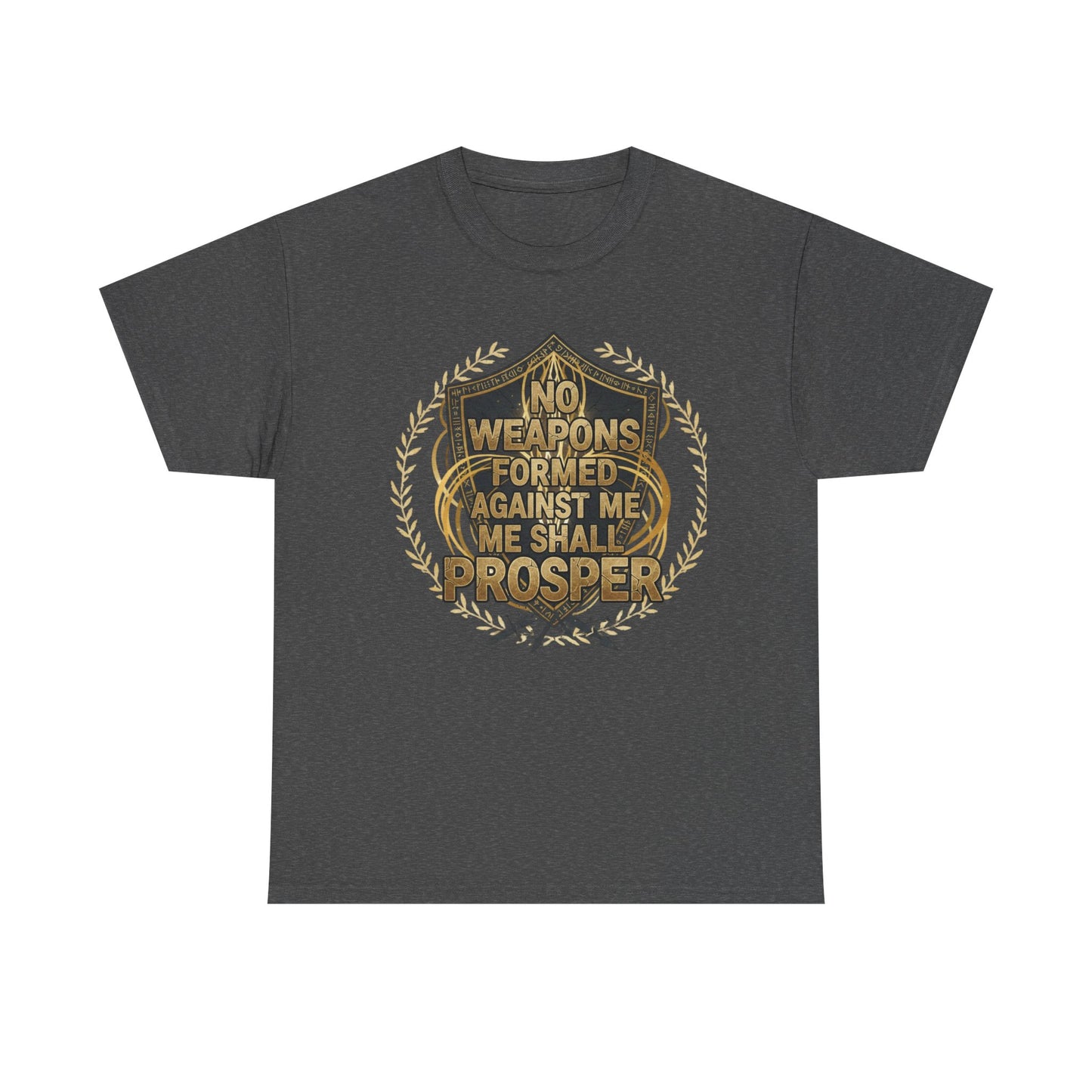 Shield Emblem Tee — “No Weapons Formed Against Me Shall Prosper” Inspirational Graphic T‑Shirt