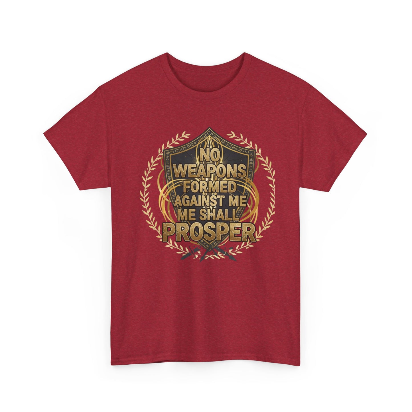 Shield Emblem Tee — “No Weapons Formed Against Me Shall Prosper” Inspirational Graphic T‑Shirt