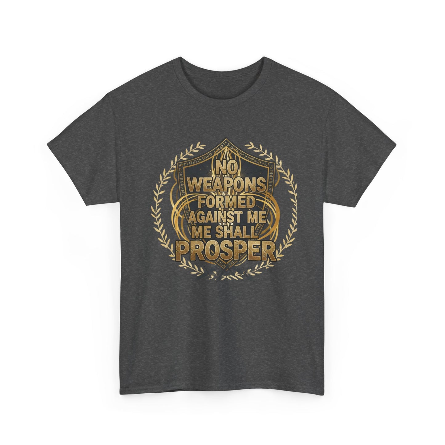 Shield Emblem Tee — “No Weapons Formed Against Me Shall Prosper” Inspirational Graphic T‑Shirt