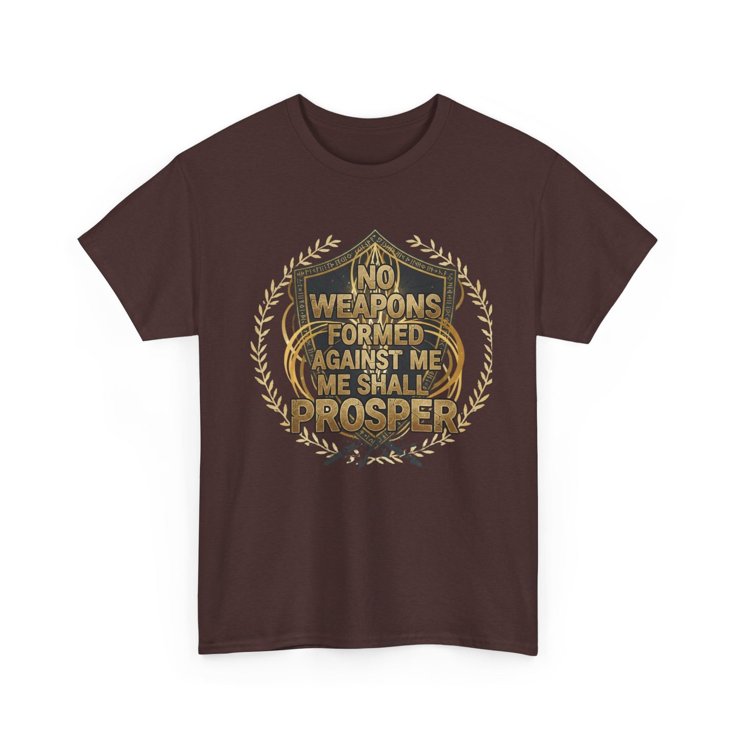 Shield Emblem Tee — “No Weapons Formed Against Me Shall Prosper” Inspirational Graphic T‑Shirt