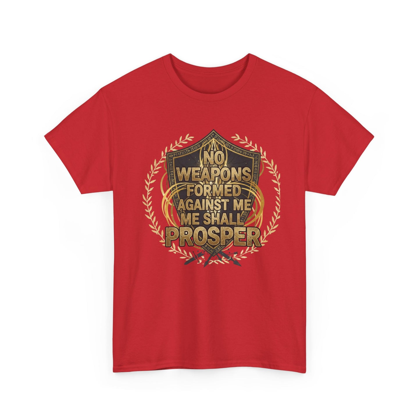 Shield Emblem Tee — “No Weapons Formed Against Me Shall Prosper” Inspirational Graphic T‑Shirt