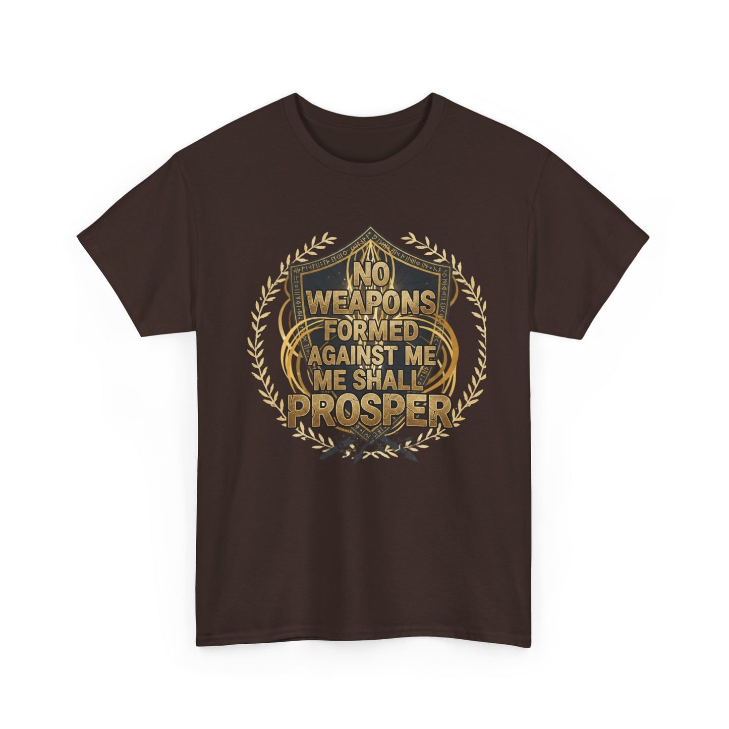 Shield Emblem Tee — “No Weapons Formed Against Me Shall Prosper” Inspirational Graphic T‑Shirt