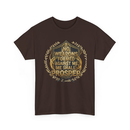 Shield Emblem Tee — “No Weapons Formed Against Me Shall Prosper” Inspirational Graphic T‑Shirt