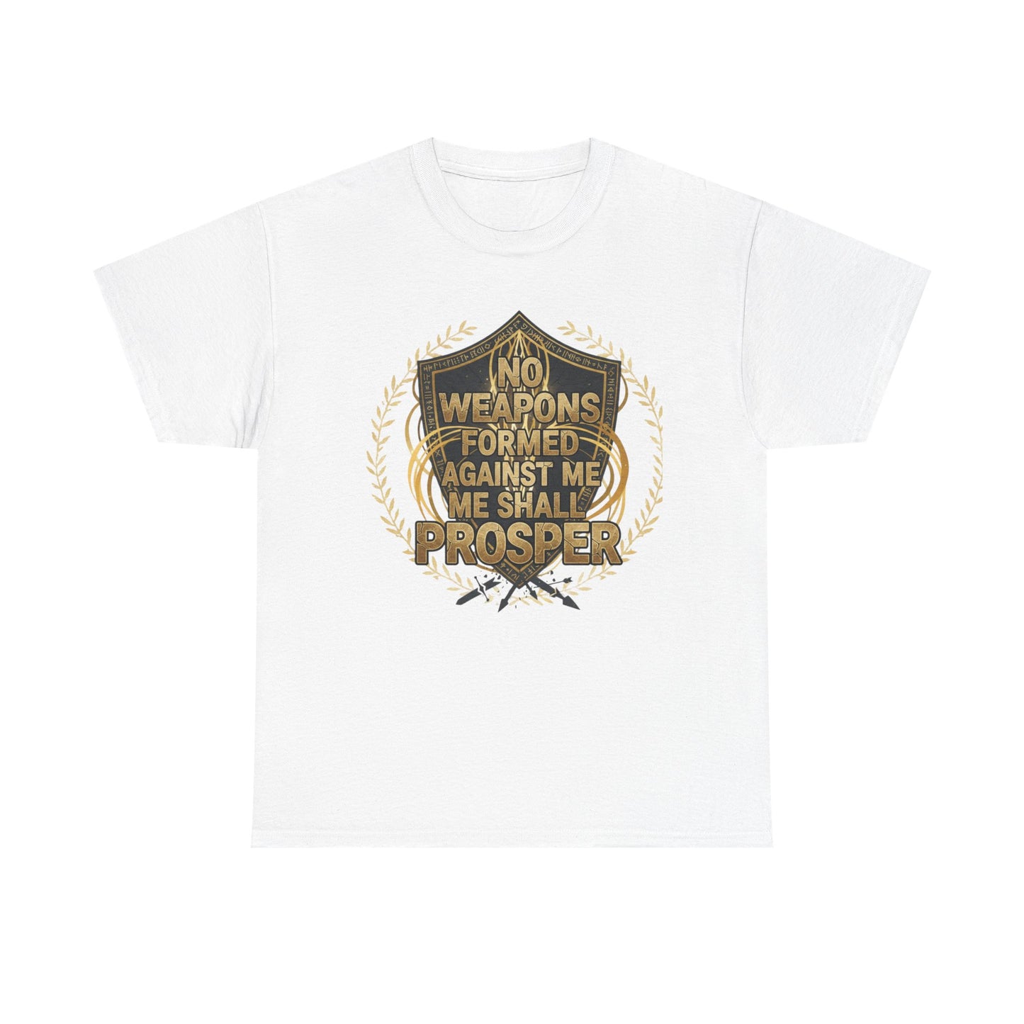 Shield Emblem Tee — “No Weapons Formed Against Me Shall Prosper” Inspirational Graphic T‑Shirt