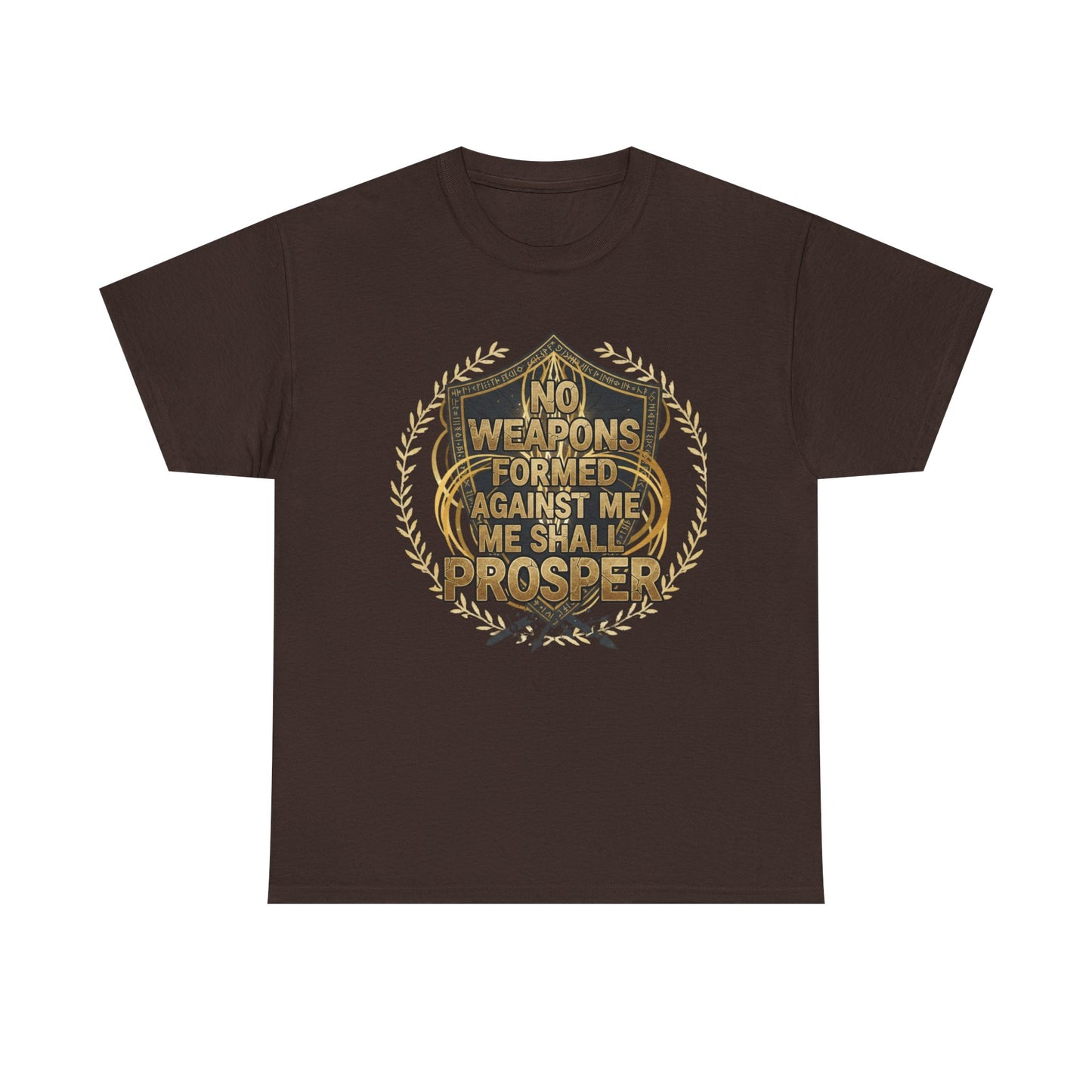 Shield Emblem Tee — “No Weapons Formed Against Me Shall Prosper” Inspirational Graphic T‑Shirt