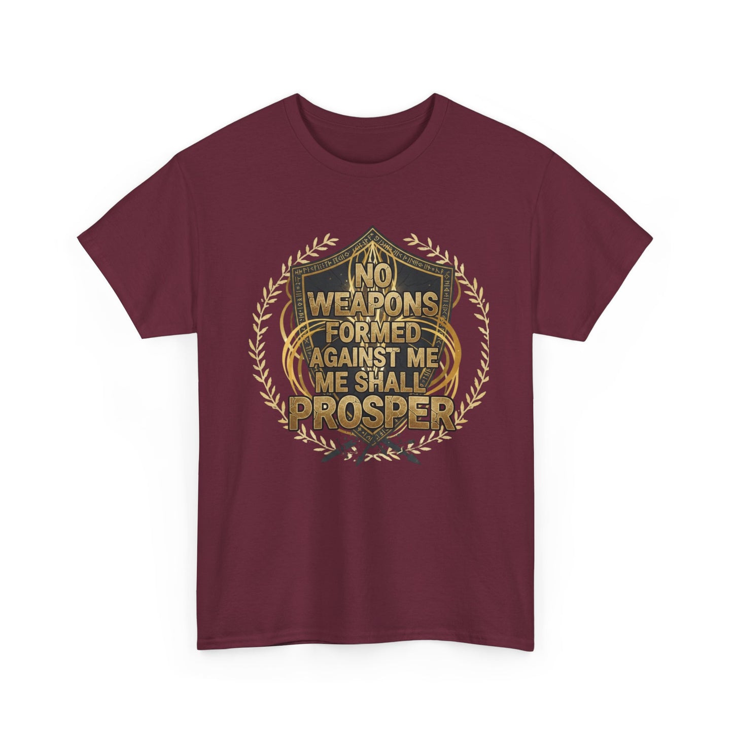 Shield Emblem Tee — “No Weapons Formed Against Me Shall Prosper” Inspirational Graphic T‑Shirt