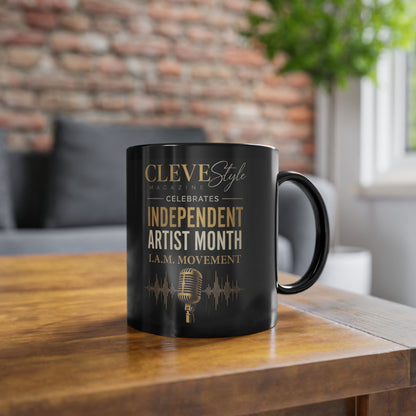 Black 11oz Coffee Mug — "Independent Artist Month" Gold Script Microphone Design