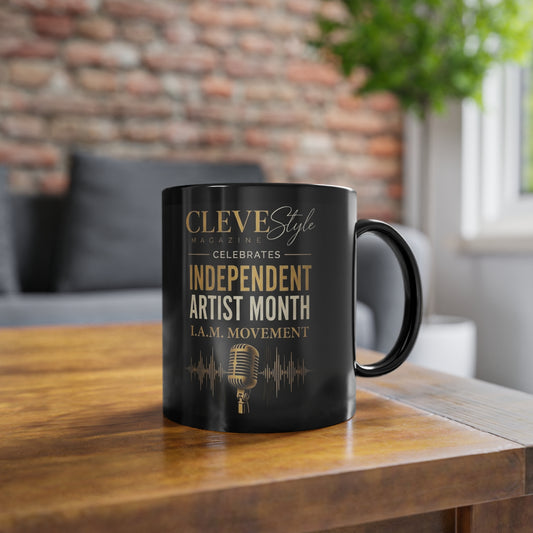 Black 11oz Coffee Mug — "Independent Artist Month" Gold Script Microphone Design