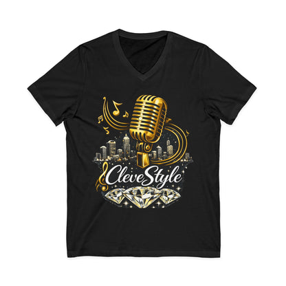 Cleveland Music Microphone V‑Neck Tee — "CleveStyle" Vintage Mic Design