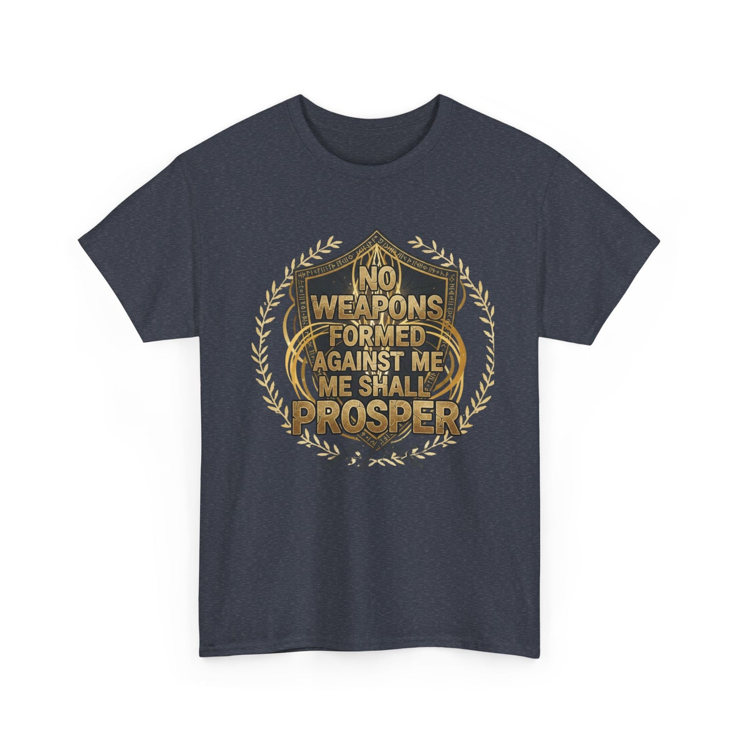 Shield Emblem Tee — “No Weapons Formed Against Me Shall Prosper” Inspirational Graphic T‑Shirt