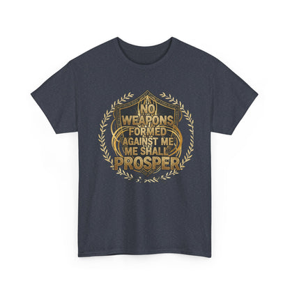 Shield Emblem Tee — “No Weapons Formed Against Me Shall Prosper” Inspirational Graphic T‑Shirt