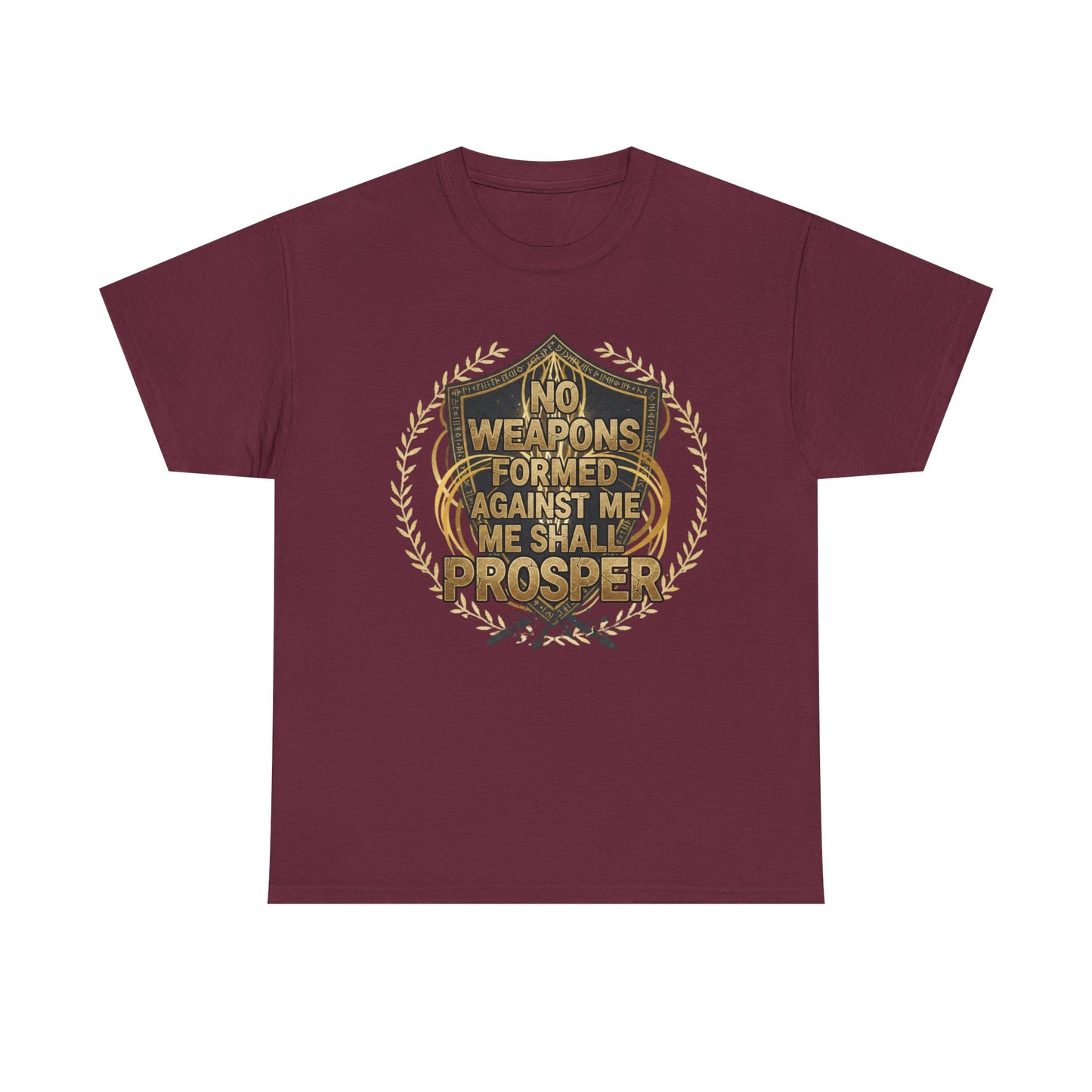 Shield Emblem Tee — “No Weapons Formed Against Me Shall Prosper” Inspirational Graphic T‑Shirt