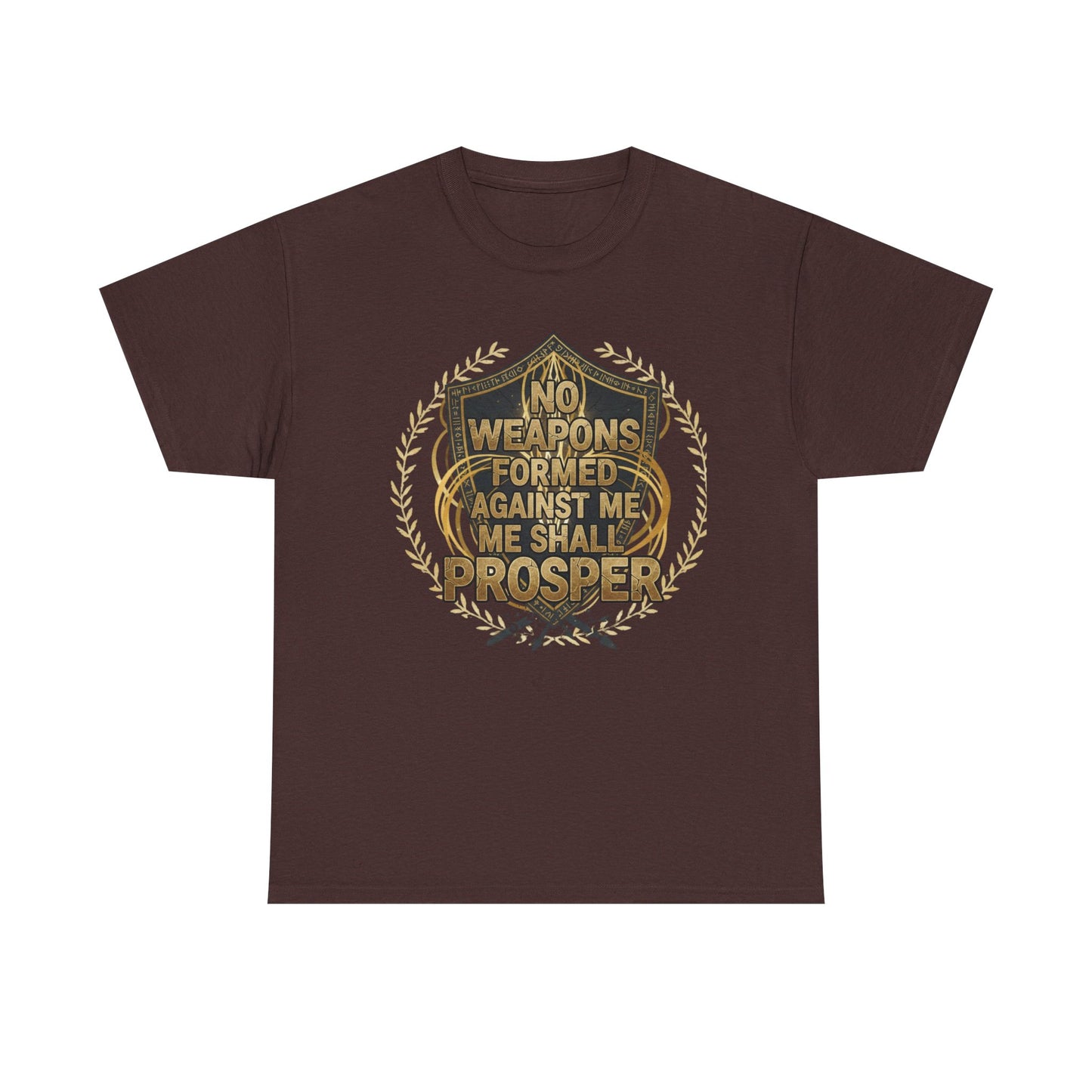 Shield Emblem Tee — “No Weapons Formed Against Me Shall Prosper” Inspirational Graphic T‑Shirt
