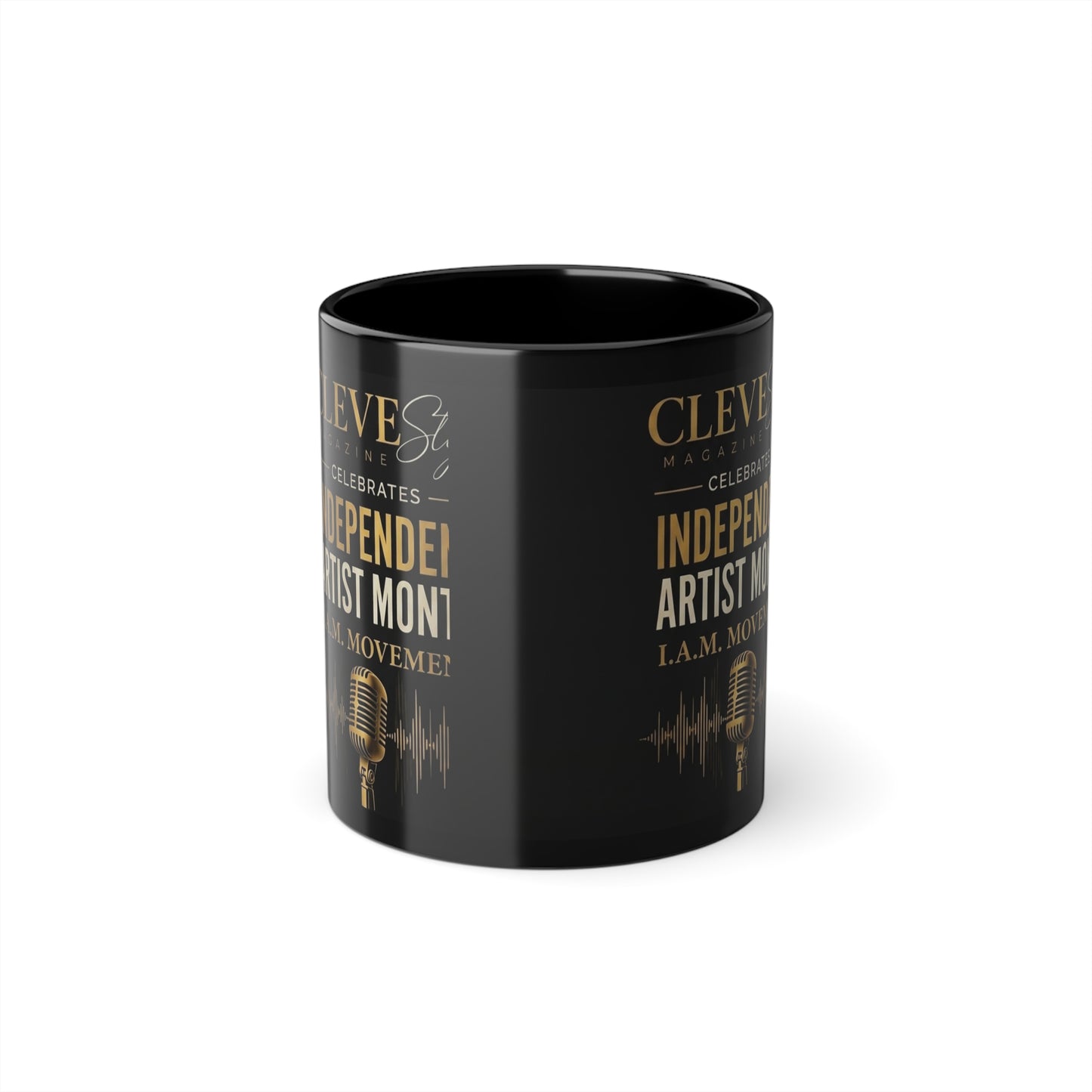 Black 11oz Coffee Mug — "Independent Artist Month" Gold Script Microphone Design