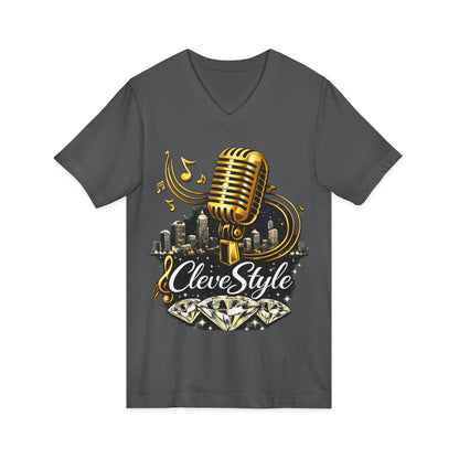 Cleveland Music Microphone V‑Neck Tee — "CleveStyle" Vintage Mic Design