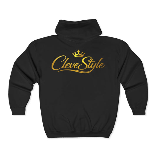 CleveStyle Zip Hoodie — Gold Crown Script Full-Zip Hooded Sweatshirt