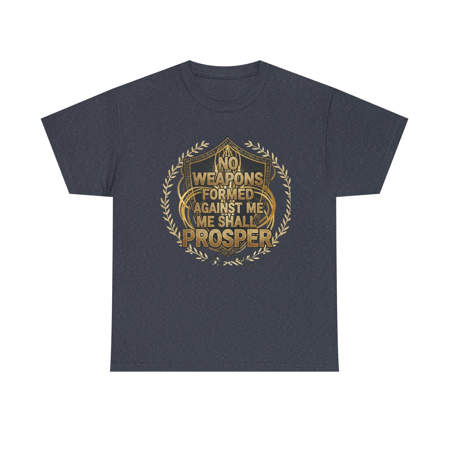Shield Emblem Tee — “No Weapons Formed Against Me Shall Prosper” Inspirational Graphic T‑Shirt