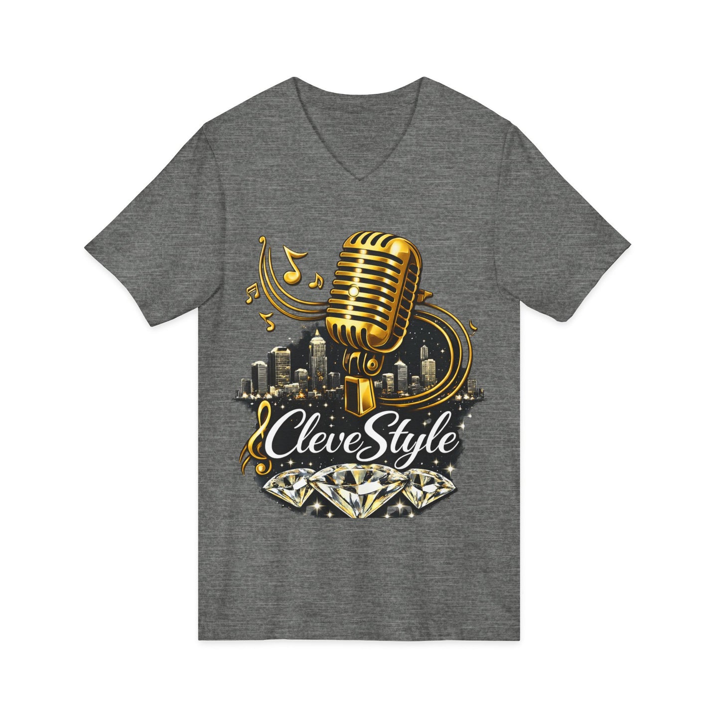 Cleveland Music Microphone V‑Neck Tee — "CleveStyle" Vintage Mic Design