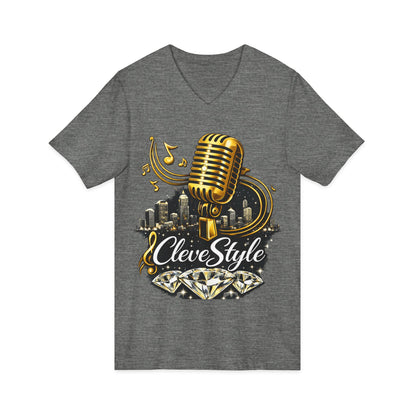 Cleveland Music Microphone V‑Neck Tee — "CleveStyle" Vintage Mic Design