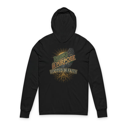 Hooded Long Sleeve Tee — "Living on Purpose, Rooted in Faith" Christian Graphic Hoodie Tee