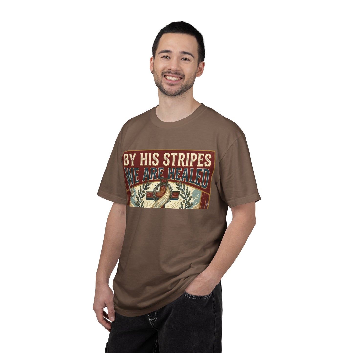 Christian T-Shirt — "By His Stripes We Are Healed" Vintage Faith Tee