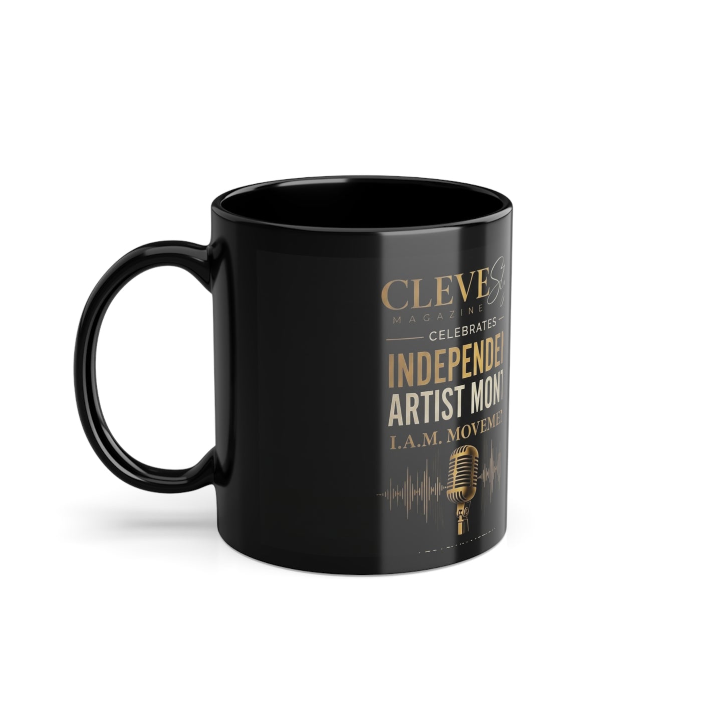 Black 11oz Coffee Mug — "Independent Artist Month" Gold Script Microphone Design