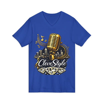 Cleveland Music Microphone V‑Neck Tee — "CleveStyle" Vintage Mic Design