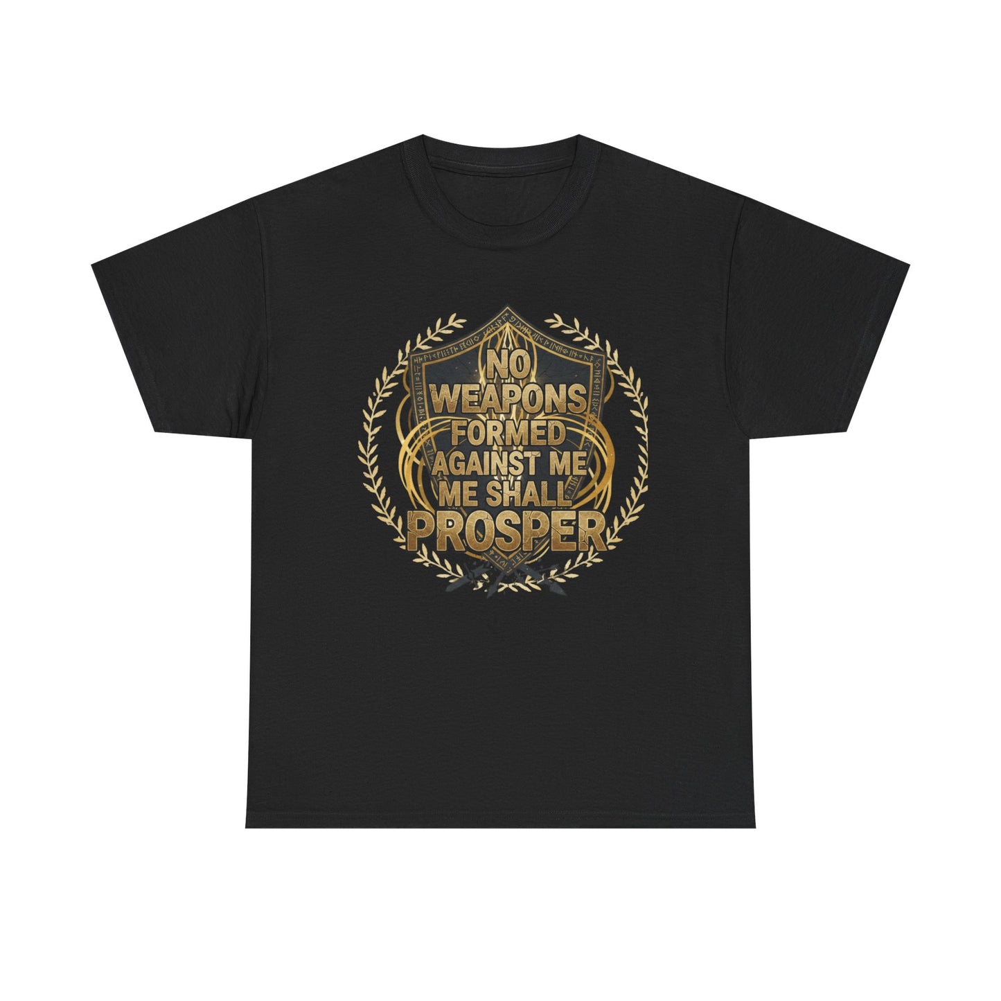 Shield Emblem Tee — “No Weapons Formed Against Me Shall Prosper” Inspirational Graphic T‑Shirt