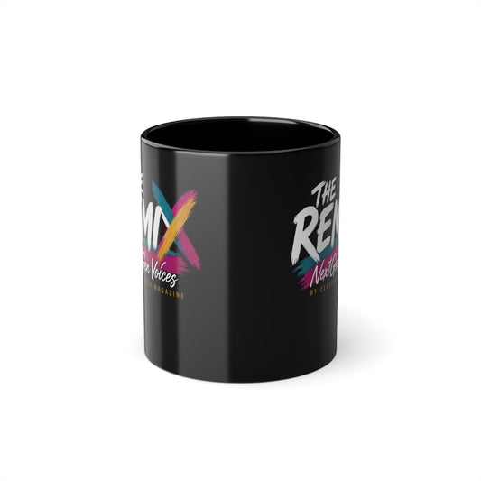 Black Coffee Mug — 'The Remix' Retro Neon Logo 11oz