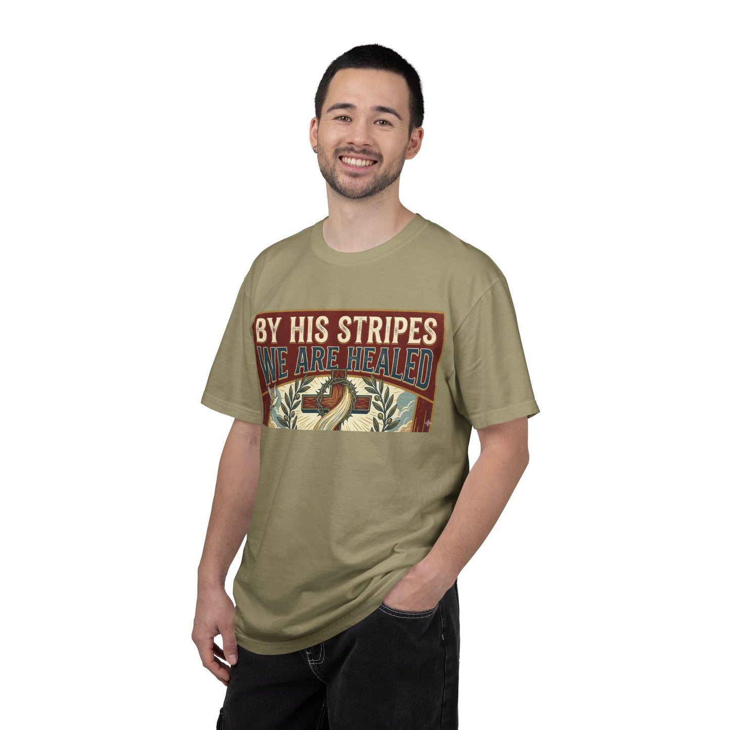 Christian T-Shirt — "By His Stripes We Are Healed" Vintage Faith Tee