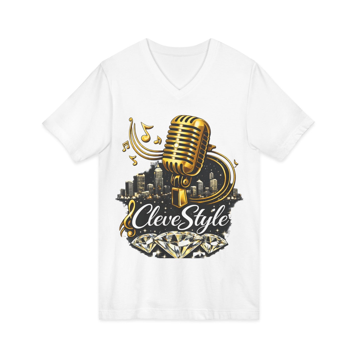 Cleveland Music Microphone V‑Neck Tee — "CleveStyle" Vintage Mic Design