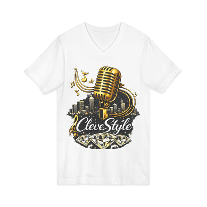 Cleveland Music Microphone V‑Neck Tee — "CleveStyle" Vintage Mic Design