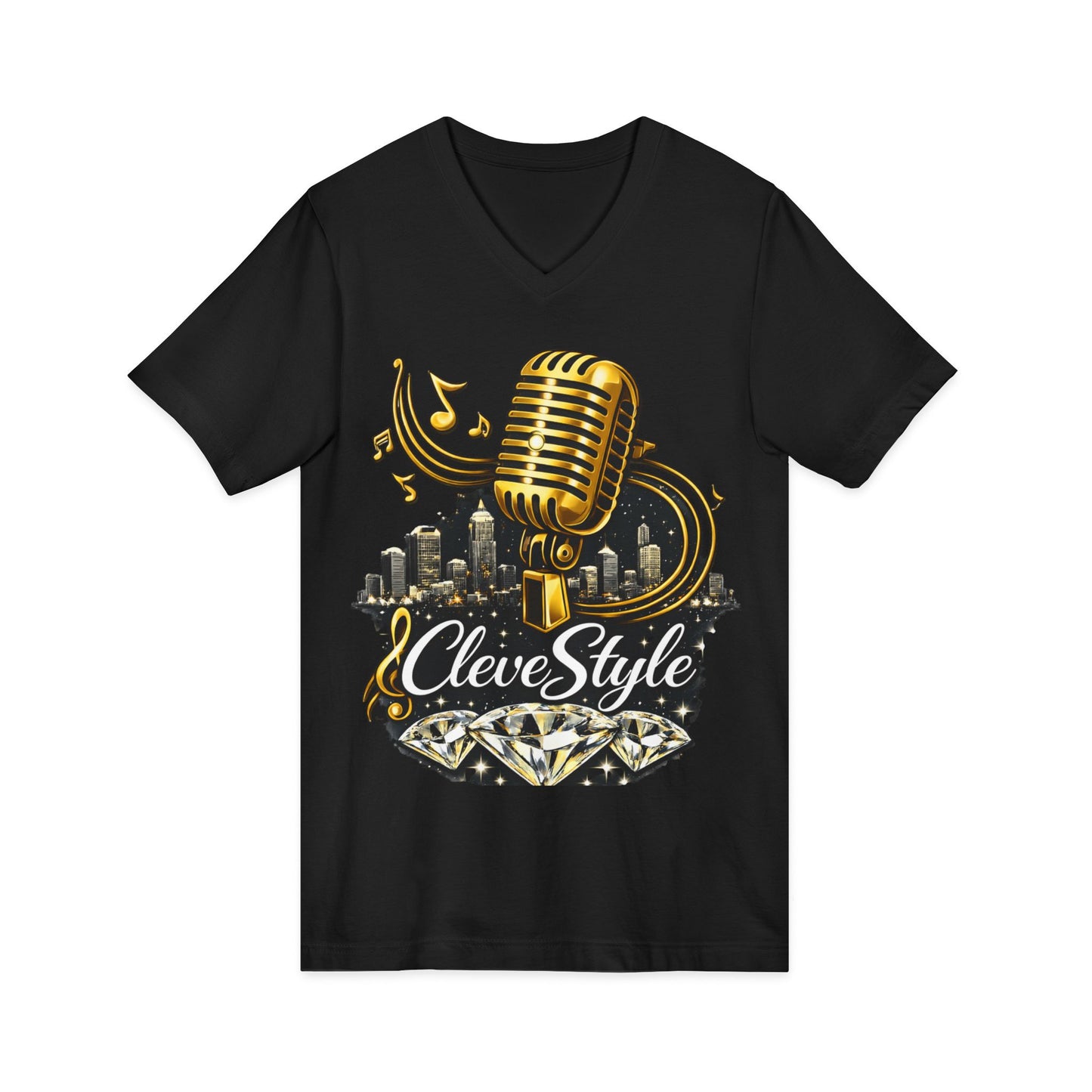 Cleveland Music Microphone V‑Neck Tee — "CleveStyle" Vintage Mic Design