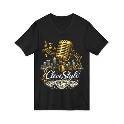 Cleveland Music Microphone V‑Neck Tee — "CleveStyle" Vintage Mic Design
